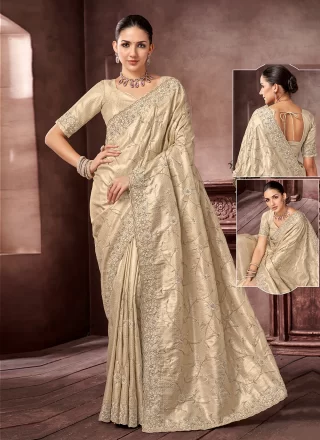 Jacquard Silk Classic Saree In Beige Color