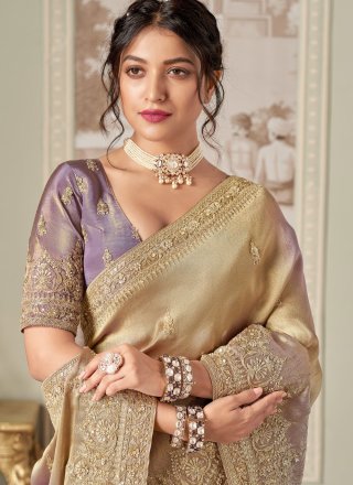Jacquard Silk Contemporary Saree In Beige and Violet Color