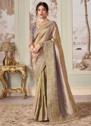 Jacquard Silk Contemporary Saree In Beige and Violet Color