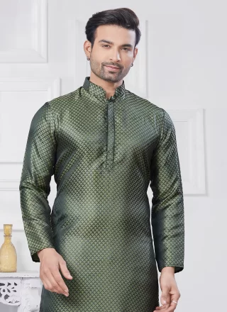 Jacquard Silk Kurta Pyjama In Green Color