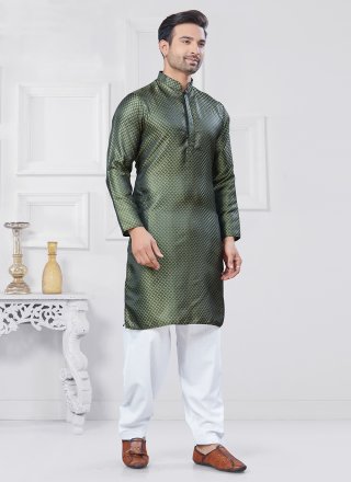 Jacquard Silk Kurta Pyjama In Green Color