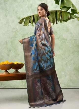 Jacquard Silk Trendy Saree In Blue Color