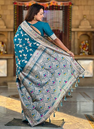 Jacquard Work Banarasi Silk Contemporary Saree In Teal for Festival