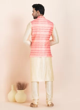 Jacquard Work Banarasi Silk Kurta Payjama with Jacket In Cream and Pink Colour