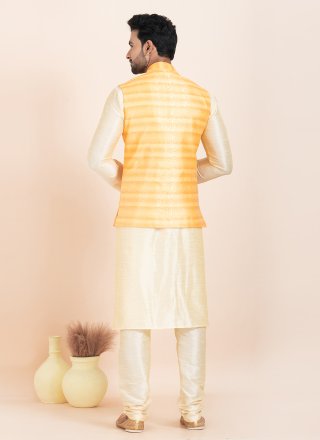 Jacquard Work Banarasi Silk Kurta Payjama with Jacket In Gold and Yellow for Ceremonial