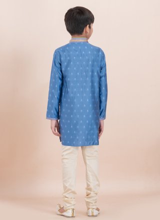 Jacquard Work Cotton Kurta Pyjama In Blue Colour