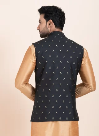 Jacquard Work Cotton Nehru Jackets In Black for Ceremonial
