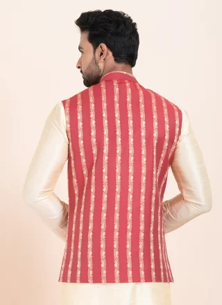 Jacquard Work Cotton Nehru Jackets In Gold and Red