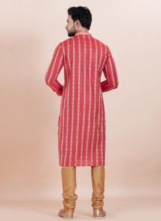 Jacquard Work Cotton Silk Kurta Pyjama In Red for Ceremonial