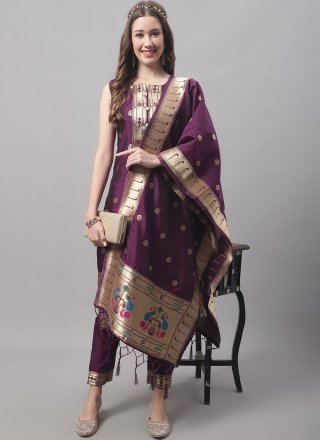 Jacquard Work Cotton Silk Salwar Suit In Maroon Color