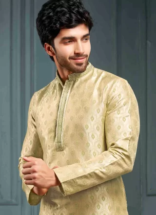 Jacquard Work Jacquard Kurta Pyjama In Gold and Green for Ceremonial