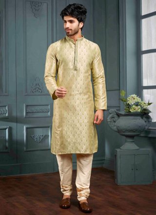 Jacquard Work Jacquard Kurta Pyjama In Gold and Green for Ceremonial