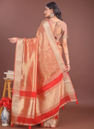 Jacquard Work Organza Classic Sari In Orange Color
