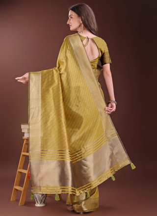 Jacquard Work Organza Contemporary Sari In Mustard for Casual