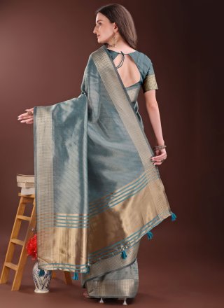 Jacquard Work Organza Designer Saree In Blue and Grey Color