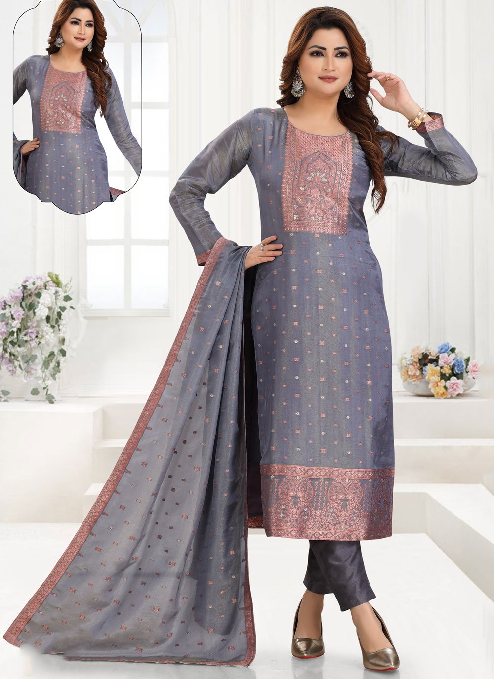 Jacquard Work Shimmer Pant Style Suit In Blue and Grey Jacquard Work Shimmer Pant Style Suit In Blue and Grey