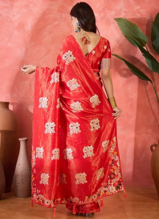 Jacquard Work Shimmer Trendy Saree In Red Colour