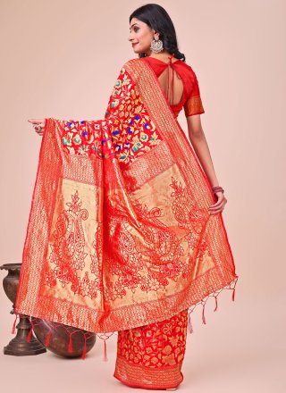 Jacquard Work Silk Classic Saree In Red Colour