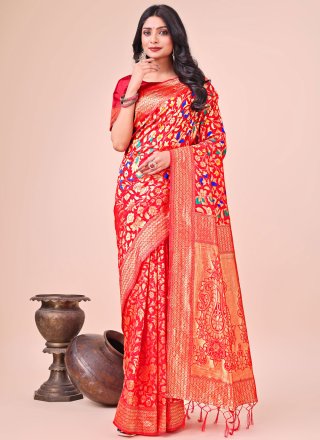 Jacquard Work Silk Classic Saree In Red Colour