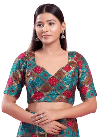 Jacquard Work Silk Designer Blouse In Firozi