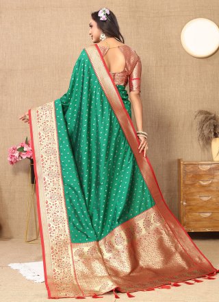 Jacquard Work Silk Trendy Saree In Green Colour