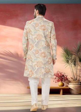 Jazzy Cream Linen Indo Western with Embroidered and Print Work