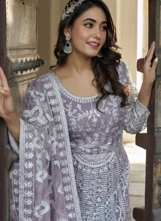 Jazzy Lavender Net  Designer Gown with Embroidered, Mirror and Stone Work