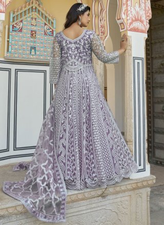 Jazzy Lavender Net  Designer Gown with Embroidered, Mirror and Stone Work