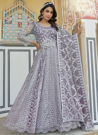 Jazzy Lavender Net  Designer Gown with Embroidered, Mirror and Stone Work