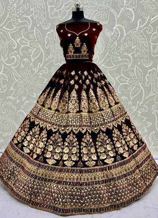 Jazzy Maroon Velvet Lehenga Choli with Embroidered, Multi, Sequins, Thread and Zari Work