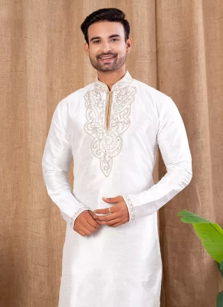 Jazzy Off White Art Silk Kurta Pyjama with Buttons and Thread Work
