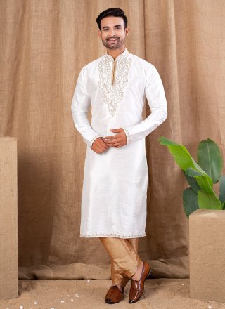 Jazzy Off White Art Silk Kurta Pyjama with Buttons and Thread Work