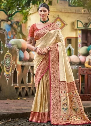 Kanjivaram Silk Contemporary Saree In Beige Color