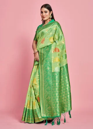 Kanjivaram Silk Contemporary Saree In Green Color