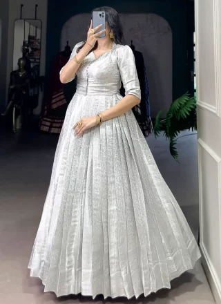 Kanjivaram Silk  Designer Gown In White Colour