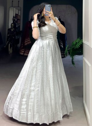 Kanjivaram Silk  Designer Gown In White Colour