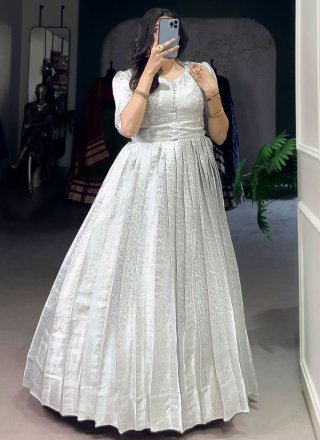 Kanjivaram Silk  Designer Gown In White Colour