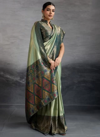 Kanjivaram Silk Designer Sari In Green Colour