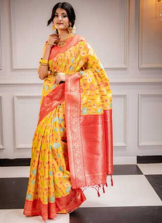 Kanjivaram Silk Trendy Saree In Yellow Color
