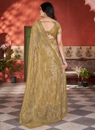 Khaki Net Embroidered, Sequins and Thread Work Designer Sari