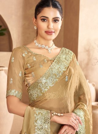 Khaki Satin Cut, Embroidered, Sequins, Stone and Zari Work Trendy Saree
