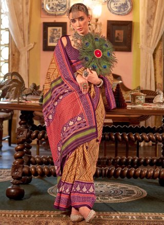 Khaki Silk Patola Print and Zari Work Designer Saree
