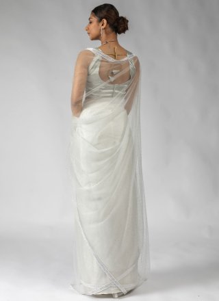 Lace and Stone Work Net Contemporary Sari In White Color
