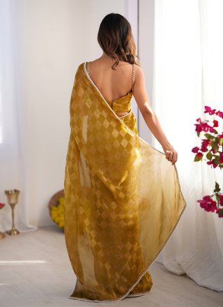 Lace and Woven Work Chiffon Classic Saree In Mustard Color