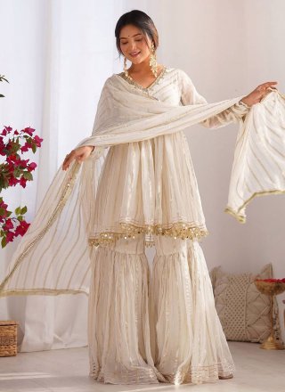 Lace and Zari Work Chanderi Sharara Set In Off White for Ceremonial