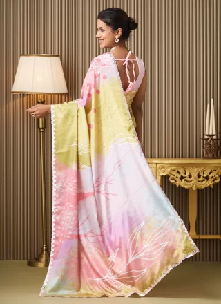 Lace, Mirror and Print Work Chiffon Trendy Saree In Multi Colour