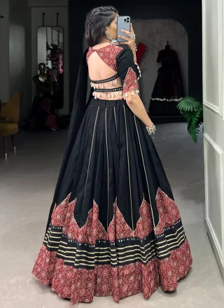 Lace, Mirror and Print Work Cotton Readymade Lehenga Choli In Black Color