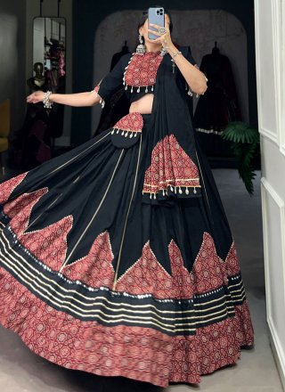 Lace, Mirror and Print Work Cotton Readymade Lehenga Choli In Black Color