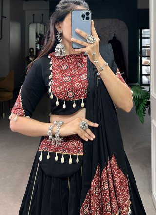Lace, Mirror and Print Work Cotton Readymade Lehenga Choli In Black Color