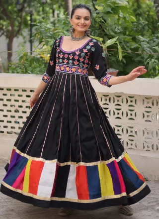 Lace, Mirror, Print and Thread Work Silk  Designer Gown In Black Colour